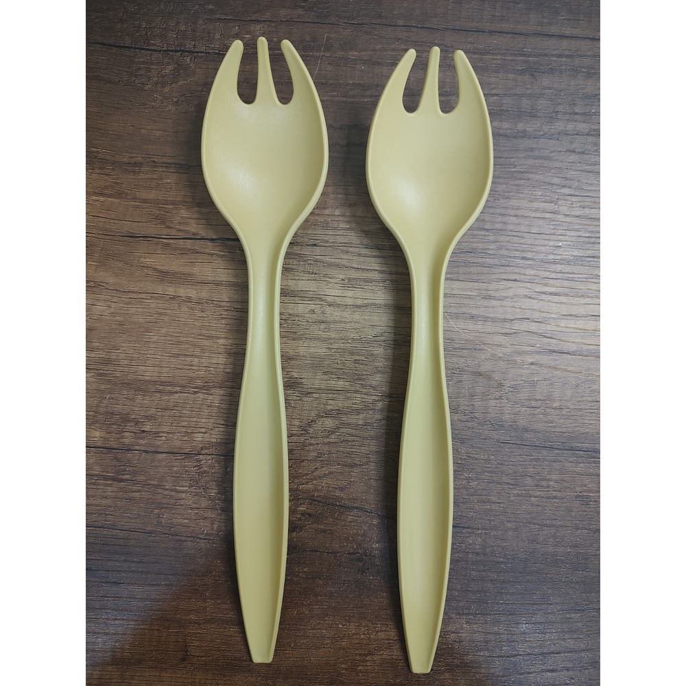 Tupperware Serving Forks Utensils Harvest Gold 12" Pair Spaghetti Salad Sporks